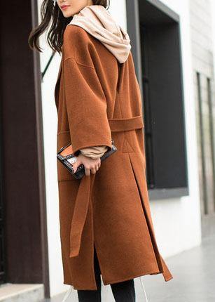 2019 plus size medium length coat Notched coat brown tie waist side open Woolen Coat Women - bagstylebliss