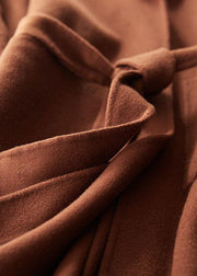 2019 plus size medium length coat Notched coat brown tie waist side open Woolen Coat Women - bagstylebliss