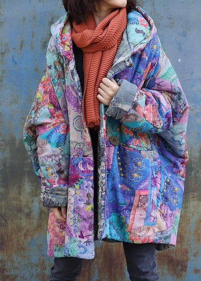 2019 purple prints overcoat oversized warm winter coat hooded patchwork overcoat - bagstylebliss