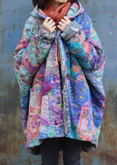 2019 purple prints overcoat oversized warm winter coat hooded patchwork overcoat - bagstylebliss