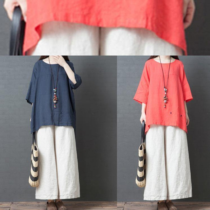 2019 red cotton casual low high design t shirt and white wide leg pants two pieces - bagstylebliss