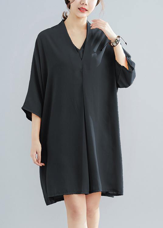 2019 summer new chiffon v neck women half sleeve black dress - bagstylebliss