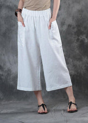2019 women linen pants loose elastic waist crop white pants - bagstylebliss