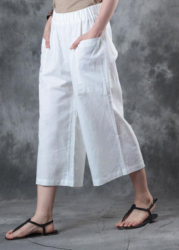 2019 women linen pants loose elastic waist crop white pants - bagstylebliss