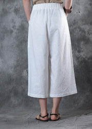 2019 women linen pants loose elastic waist crop white pants - bagstylebliss