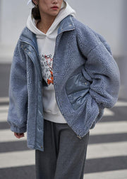 2021 Loose jacket blue stand collar patchwork Woolen Coat Women - bagstylebliss