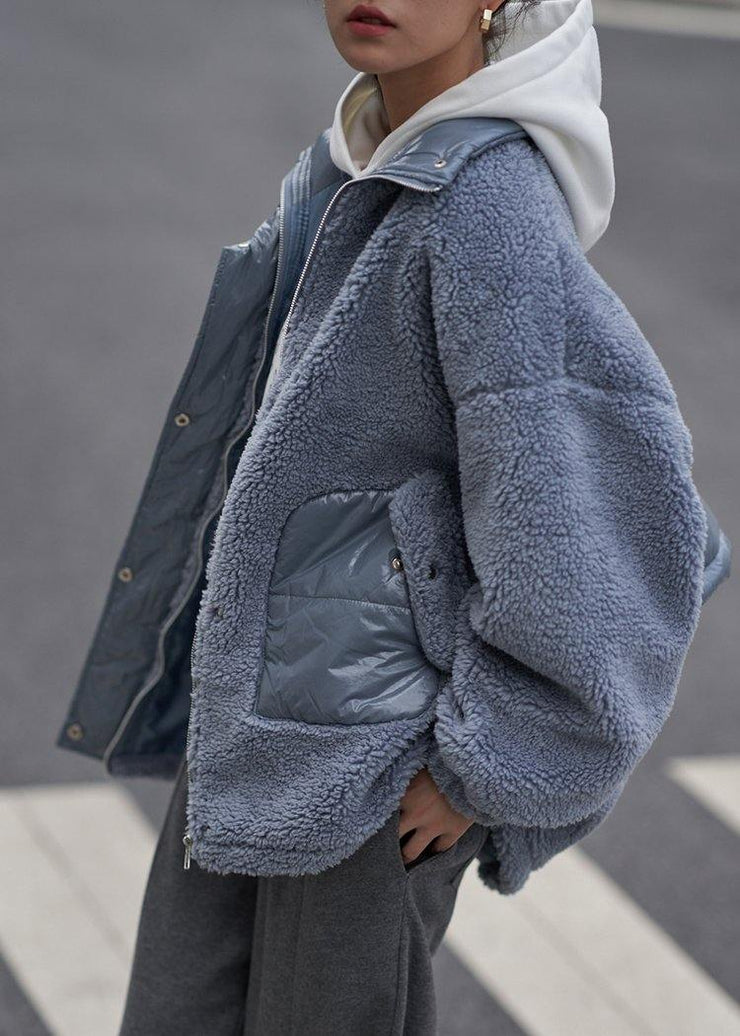 2021 Loose jacket blue stand collar patchwork Woolen Coat Women - bagstylebliss