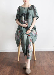 2021 New Loose Green Print Short Sleeve Shirt Casual Pants Linen Set - bagstylebliss