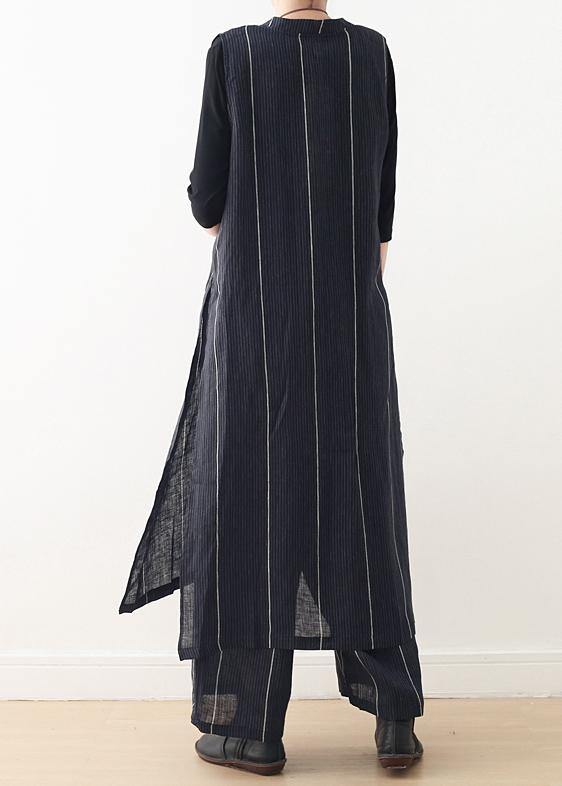 2021 Original Design Dark Blue Striped Cotton Linen Long Cardigan Wide Leg Pants Two Piece Set - bagstylebliss
