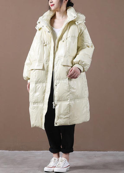 2021 beige down jacket woman Loose fitting winter jacket hooded pockets zippered Fine winter outwear - bagstylebliss