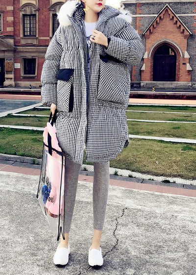 2021 black plaid down jacket woman plus size clothing parka hooded The rabbit wool Elegant coats - bagstylebliss