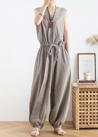 2021 lace-up waist light gray wide leg jumpsuit female summer cotton and linen jumpsuit - bagstylebliss