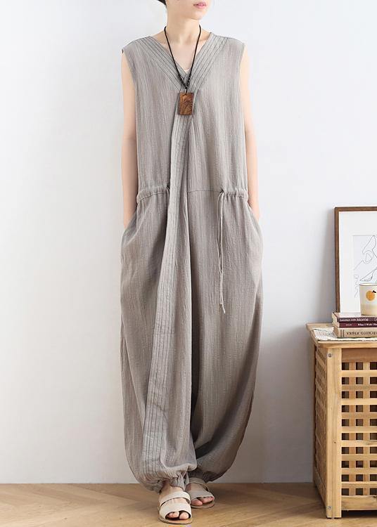 2021 lace-up waist light gray wide leg jumpsuit female summer cotton and linen jumpsuit - bagstylebliss