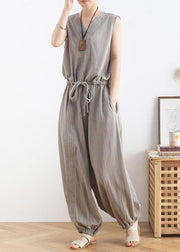 2021 lace-up waist light gray wide leg jumpsuit female summer cotton and linen jumpsuit - bagstylebliss