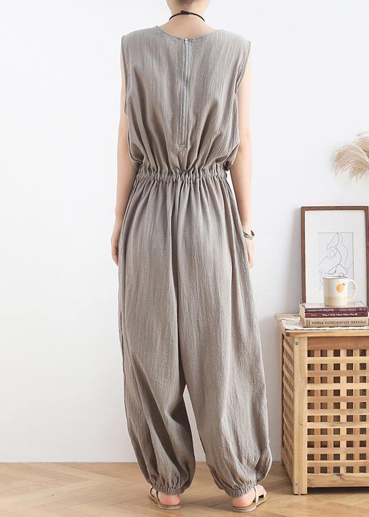 2021 lace-up waist light gray wide leg jumpsuit female summer cotton and linen jumpsuit - bagstylebliss