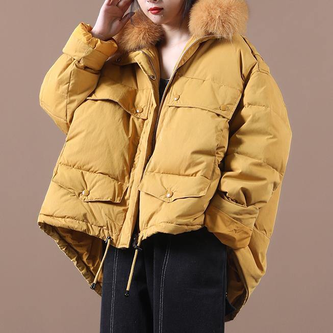 2021 plus size down jacket coats yellow faux fur collar drawstring duck down coat - bagstylebliss