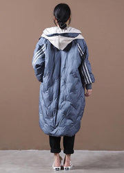 2021 plus size snow jackets coats blue striped hooded zippered goose Down coat - bagstylebliss
