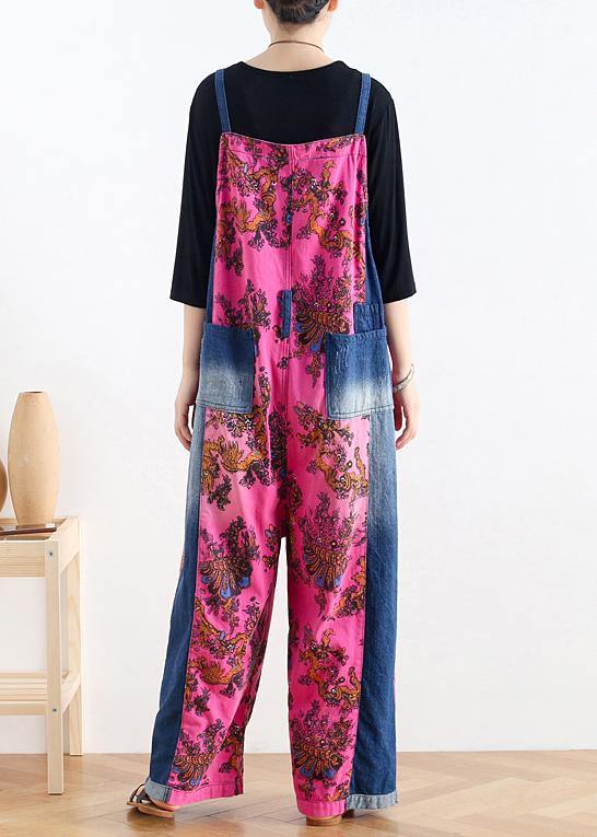 2021 retro national style rose printed loose denim overalls - bagstylebliss