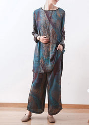 2021 spring new two pieces blue print literary retro thin section chiffon wide-leg pants - bagstylebliss