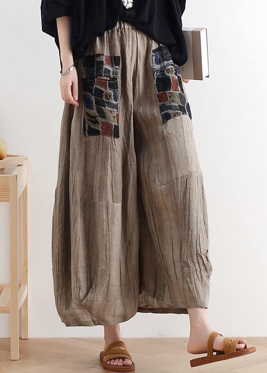 2021 summer original design linen nude patch retro wide-leg pants - bagstylebliss