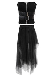 2021 Black Breast Wrapping + Tulle Asymmetrical design skirt Two Piece Set - bagstylebliss