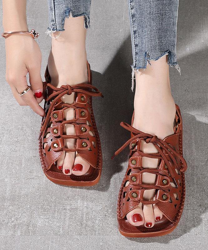2021 Chocolate Lace Up Flat Sandals Cowhide Leather - bagstylebliss