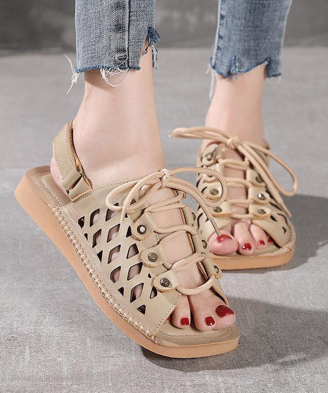 2021 Chocolate Lace Up Flat Sandals Cowhide Leather - bagstylebliss