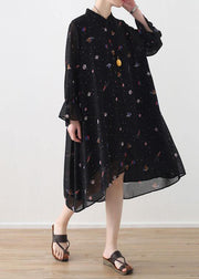 2021 Spring Summer Black Chiffon Flared Sleeve Floral Dress - bagstylebliss