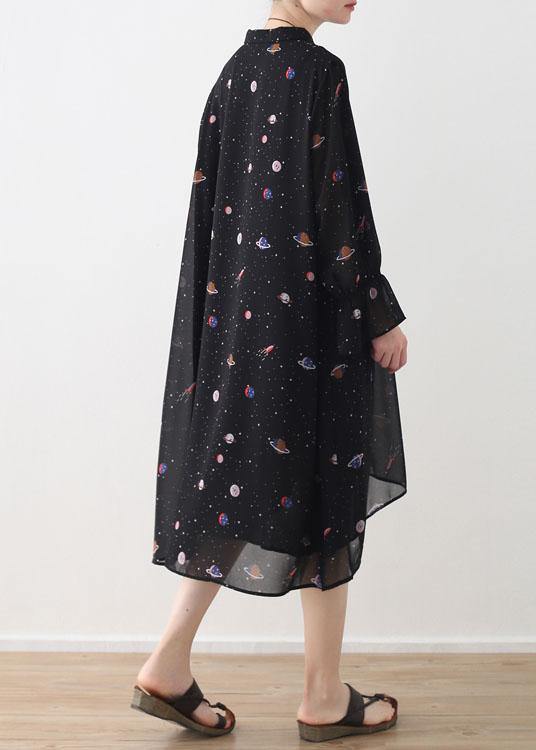 2021 Spring Summer Black Chiffon Flared Sleeve Floral Dress - bagstylebliss