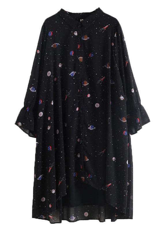 2021 Spring Summer Black Chiffon Flared Sleeve Floral Dress - bagstylebliss