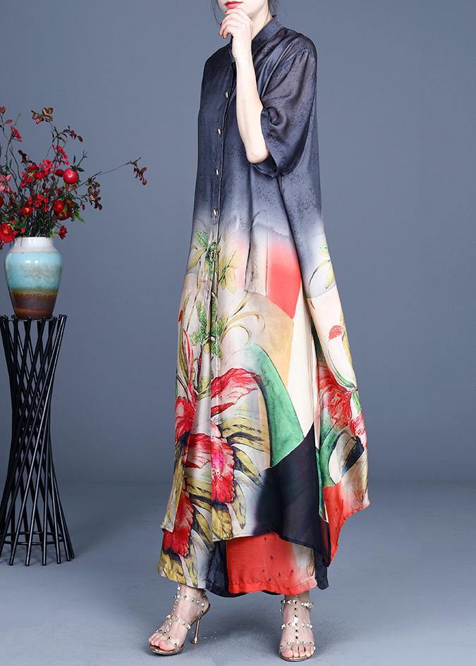 2021 Summer Black Large Loose Print Tencel Long Shirt + Two Piece Wide Leg Pants Set - bagstylebliss