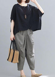 2021 Summer Black Linen Bat Short Sleeve Top + Stripe Nine Point Harlem Pants - bagstylebliss