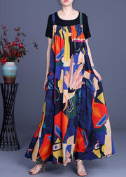 2021 Summer Printed Dress Rayon Irregular Suspender Skirt + Black T-Shirt Two Piece Set - bagstylebliss