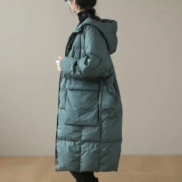 Plus Size Grüner Kapuzen-Taschen mit Reißverschluss Winter-Daunenmantel mit langen Ärmeln