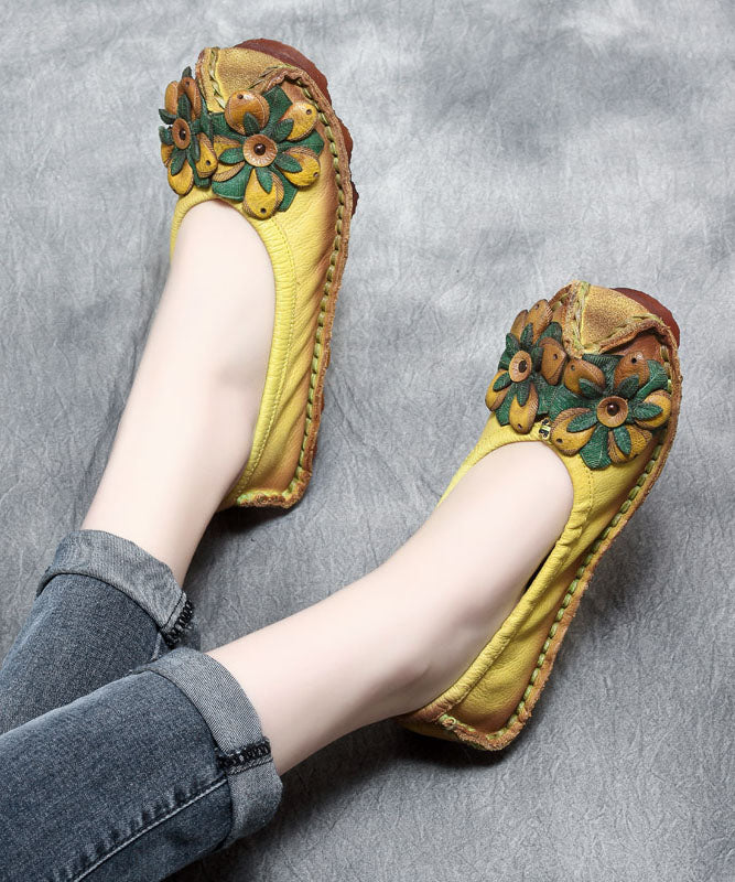 2024 Floral Splicing Flat Shoes Yellow Cowhide Leather