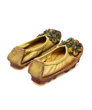 2024 Floral Splicing Flat Shoes Yellow Cowhide Leather