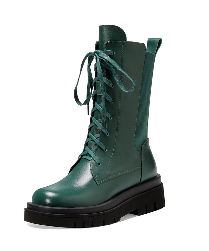 2024 Splicing Platform Boots Green Cowhide Leather Cross Strap