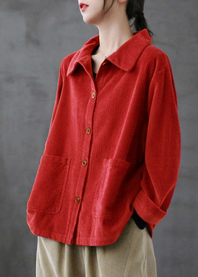 Rose Loose Pockets Shirt Top Long Sleeve Corduroy Coat