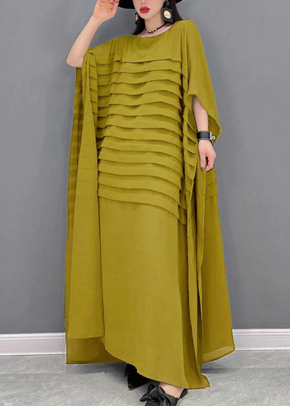 Bohemian Green O-Neck Striped Chiffon Ankle Dress Fledermausärmel