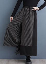 2024 New Black Striped Patchwork Elastic Waist Woolen Wide Leg Pants Spring