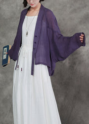 2024 New Original Purple V Neck Linen Cardigan Bat Sleeves