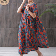 Plus Size - Print Cotton Linen Loose A-Line Dress - bagstylebliss