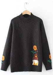 Women Black Sunflower Knitted Top High Neck Trendy Plus Size Sweaters - bagstylebliss