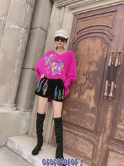 Handmade Rose Bat Wing Sleeve Print Asymmetrical Design Fall Knit Sweater