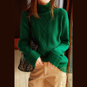 Vintage Green Clothes High Neck Spring Knitted Blouse