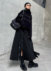 A-line skirt women's high waist mid length winter fashion black skirt - bagstylebliss