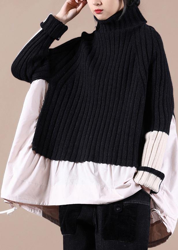 Aesthetic Black Top High Neck Patchwork Plus Size Clothing Spring Knitted Blouse - bagstylebliss