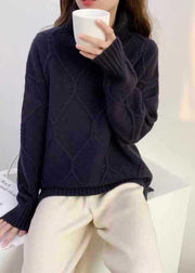 Aesthetic Navy Knitted Top High Neck Oversized Spring Sweaters - bagstylebliss