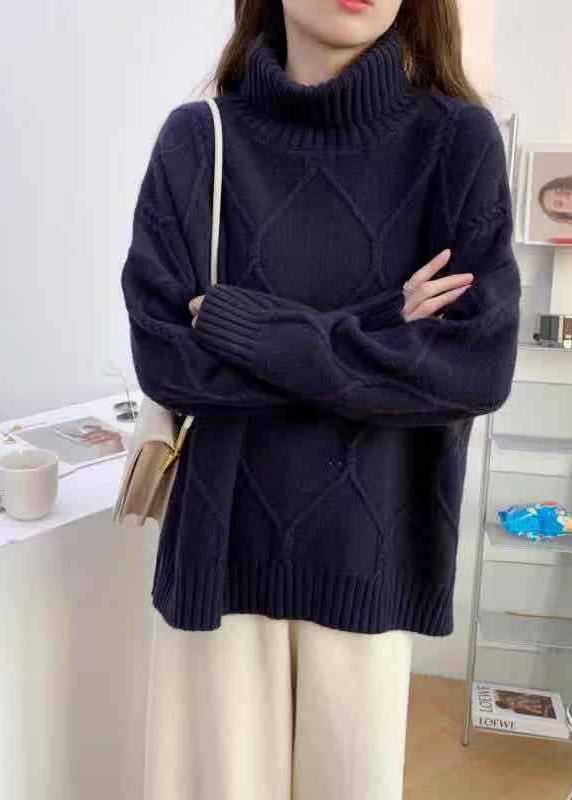 Aesthetic Navy Knitted Top High Neck Oversized Spring Sweaters - bagstylebliss