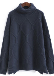 Aesthetic Navy Knitted Top High Neck Oversized Spring Sweaters - bagstylebliss